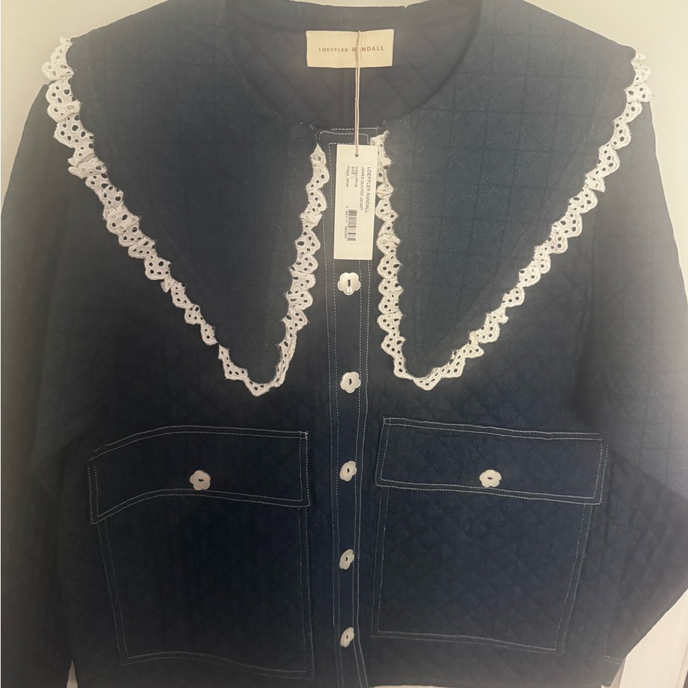 Loeffler Randall Navy Quilted Utility Jacket with White Lace Trim